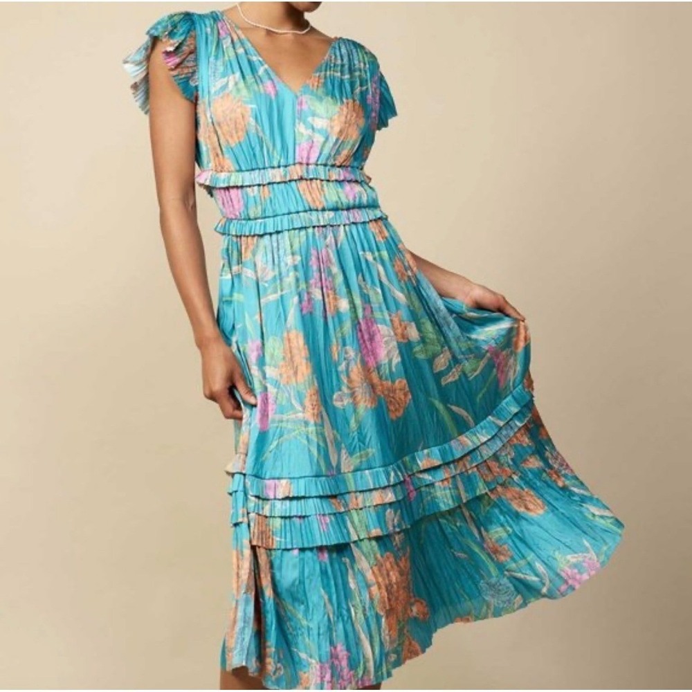 Current Air Los Angeles Floral Pleated Flowy Midi Dress Teal Blue Orange XS